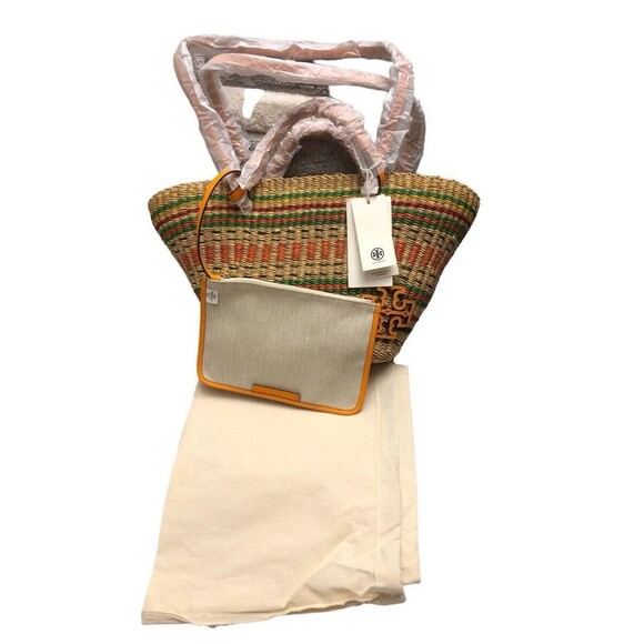 Tory Burch Ella Straw Striped Raffia Basket Tote Vacation Orange Slice New w/tag - Picture 3 of 6